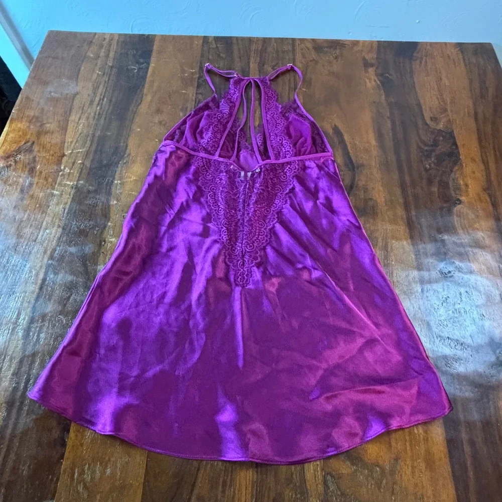 In Bloom by‎ Jonquil Magenta Purple Satin Lace Trim Strappy Back Chemise S